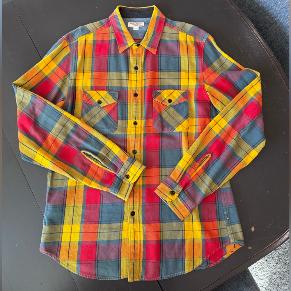 Wallace & Barnes J Crew Flannel Workshirt Mens M Red Yellow Green Plaid Outdoors